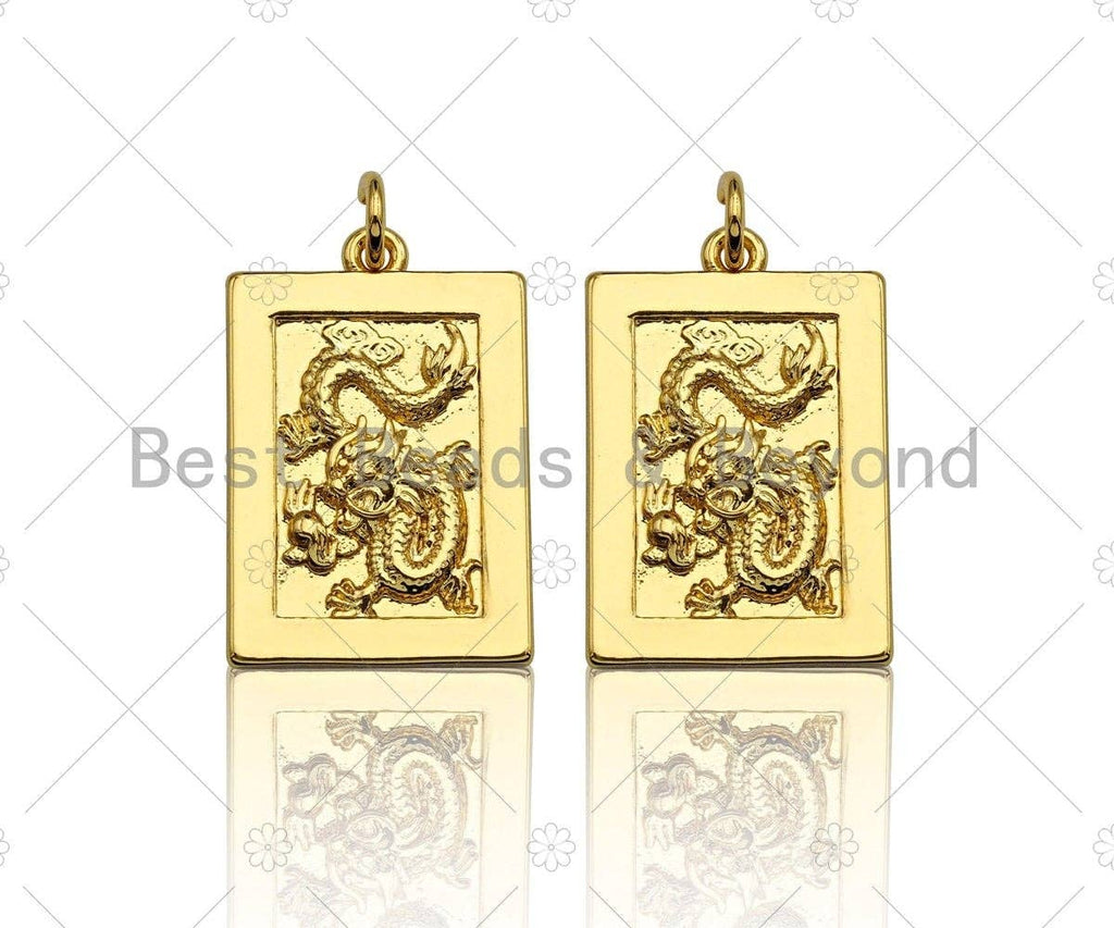 Shiny Gold Medallion Dragon Dog Tag Pendant, Dragon Rectangl