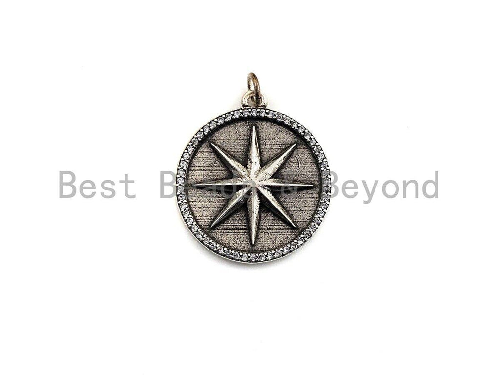 CZ Micro Pave Star on Round Disc Pendant, Antique Silver Tone, Cubic Zirconia Pave Coin Charm Pendant, 25x30mm,sku#F1020C