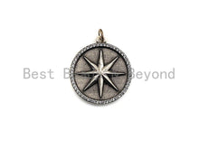 Load image into Gallery viewer, CZ Micro Pave Star on Round Disc Pendant, Antique Silver Tone, Cubic Zirconia Pave Coin Charm Pendant, 25x30mm,sku#F1020C