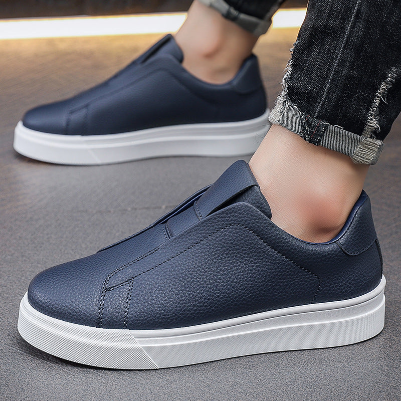 Men's Korean-Style Slip-On Casual Sneakers | PU Leather Round Toe Mid Heel Shoes