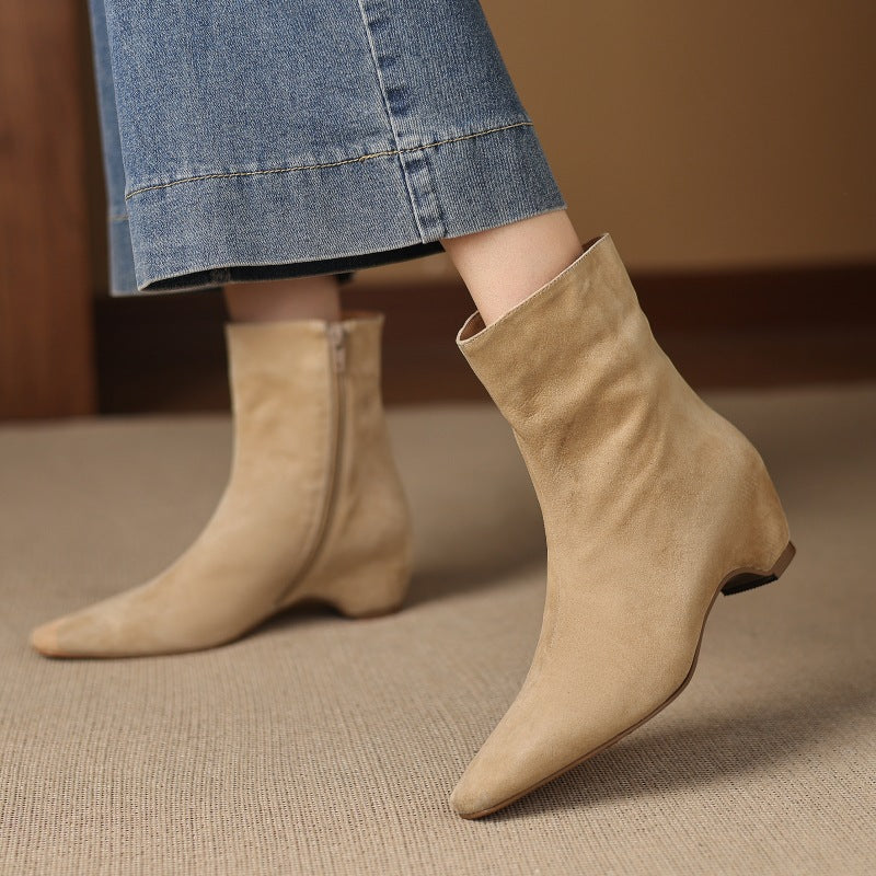 Women's Ankle Boots With Height Lift, Side Zipper & Fleece Lining | Square Toe Block Heel