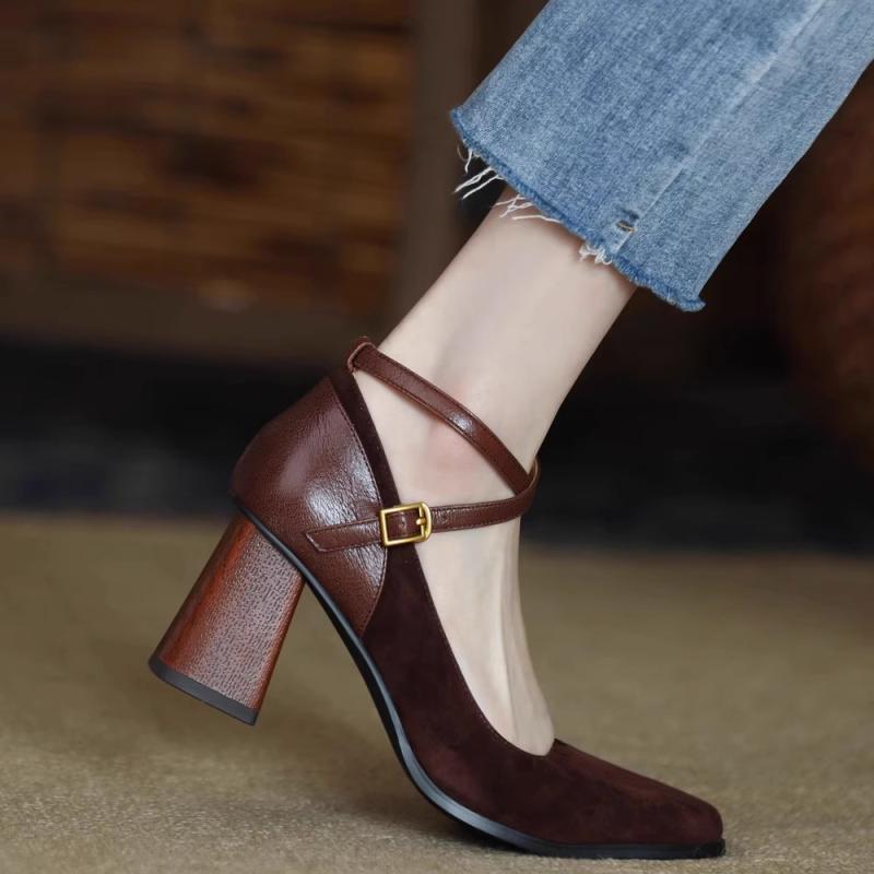 Women's Retro Chunky Heel Suede Pumps | Square Toe High Heels | Brown & Black
