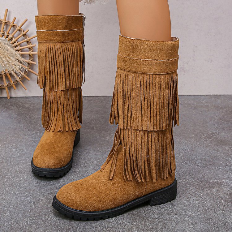 Women's High-Shaft Tassel Boots | Casual PU Leather Side Zipper Boots