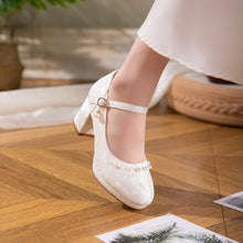 Load image into Gallery viewer, Women's Jacquard Mary Jane Platform Heels | Pearl Bow Waterproof Wedding Shoes