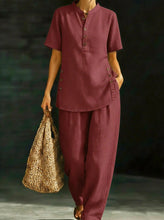 Load image into Gallery viewer, Three-Quarter Sleeve Shirt &amp; Wide-Leg Pants Two-Piece Set – Solid Color Casual