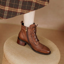 Load image into Gallery viewer, Women's Retro Leather Ankle Boots – Chunky Heel, Side Zipper &amp; Lace-Up | Cowhide Upper