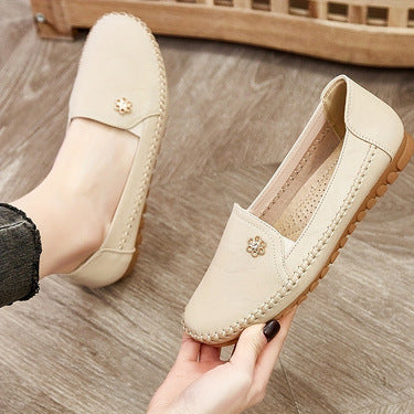 Women's Comfortable Flat Dress Shoes – Round Toe Slip-On PU Leather | Black Camel Pink Off-White