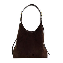 Load image into Gallery viewer, Women's Suede Bucket Shoulder Bag – Genuine Leather Drop-Ear Handbag with Patchwork Detail