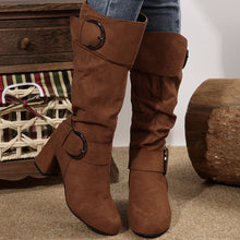 Load image into Gallery viewer, Women's Belt Buckle Chunky Heel Mid-Calf Boots | Suede Pointed Toe Fall Winter
