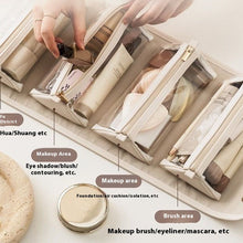 Load image into Gallery viewer, Women's Foldable Travel Cosmetic Bag – Large Capacity Waterproof PU Leather Makeup Organizer with Handle | Beige &amp; Brown