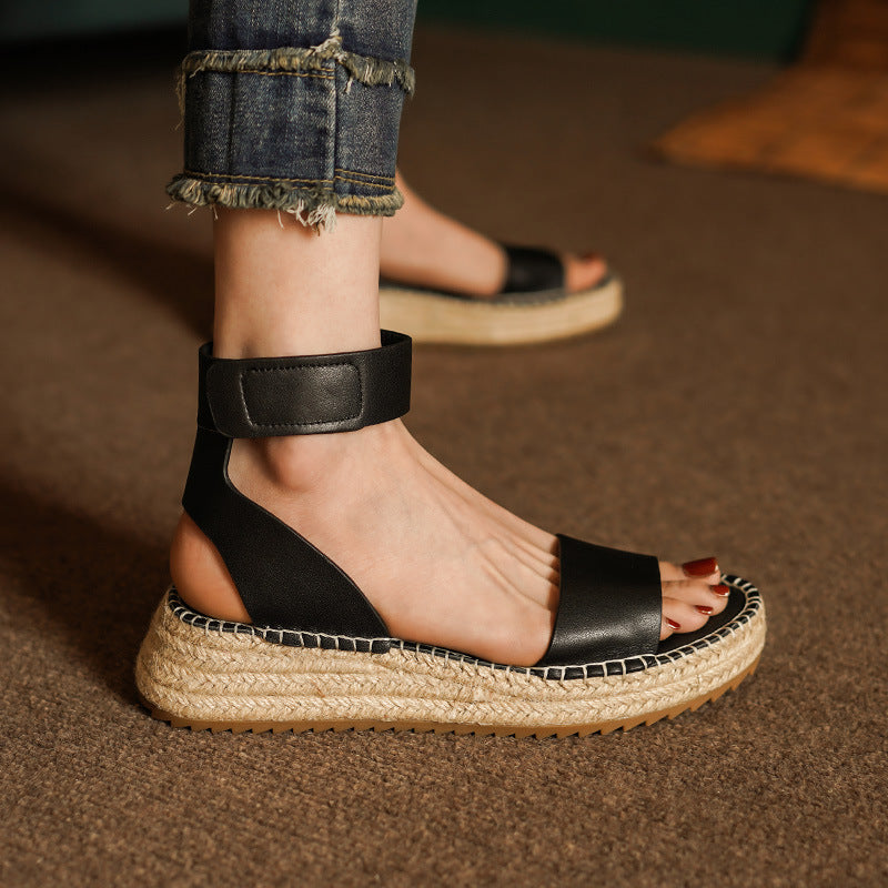 Women's Braided Leather Vintage Wedge Sandals | Round Toe Velcro Strap