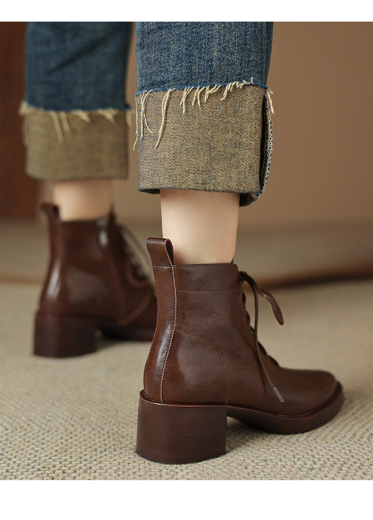 Retro Leather Lace-Up Side Zipper Ankle Boots