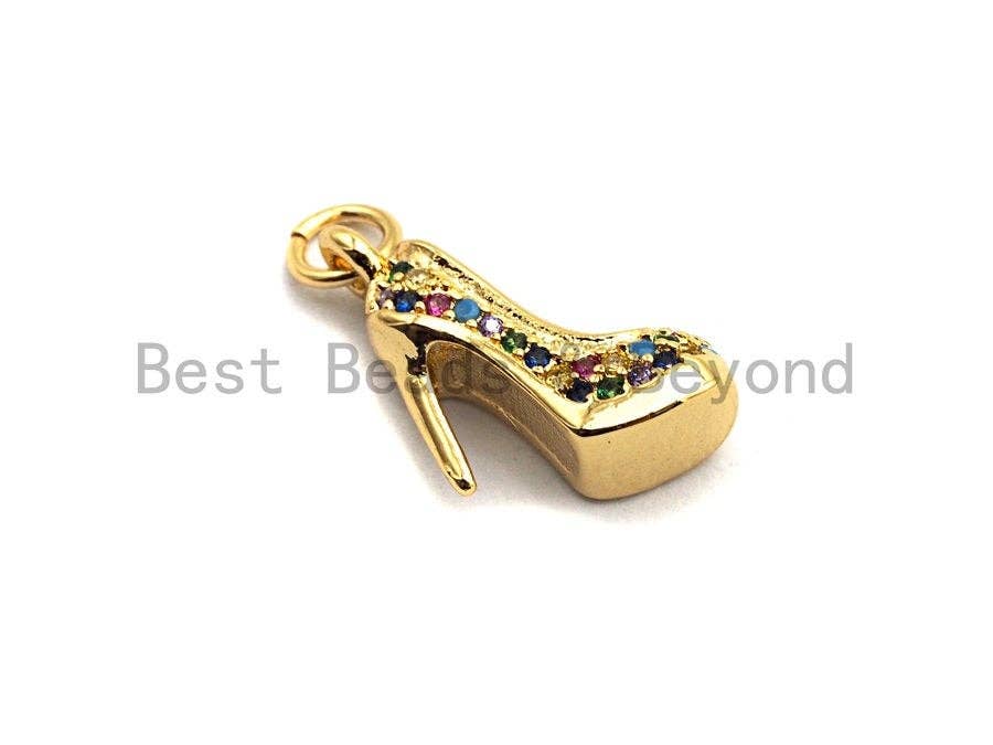 CZ Colorful Micro Pave High-heel Shoes Pendant, High-heel Shoe Pave Pendant, Gold plated, 16x6mm, Sku#F829