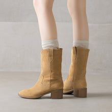 Load image into Gallery viewer, Women's Genuine Cowhide Leather Chunky Heel Mid-Calf Boots | Square Toe Side Zipper | Matte Embossed Finish