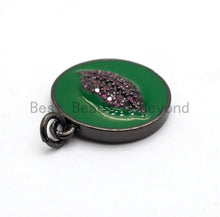 Load image into Gallery viewer, NEW Colorful Oil Dropped Round Charm with  Fuchsia Lip, Enamel Gunmetal Pendant Charms, Enamel Oil Drop CZ Charm, Lip Charm,17x20mm,sku#F563
