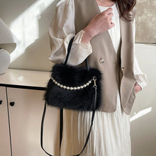 Load image into Gallery viewer, Women's Furry Tote Bag with Pearl Chain Shoulder Strap - Soft Faux Fox Fur Square Handbag