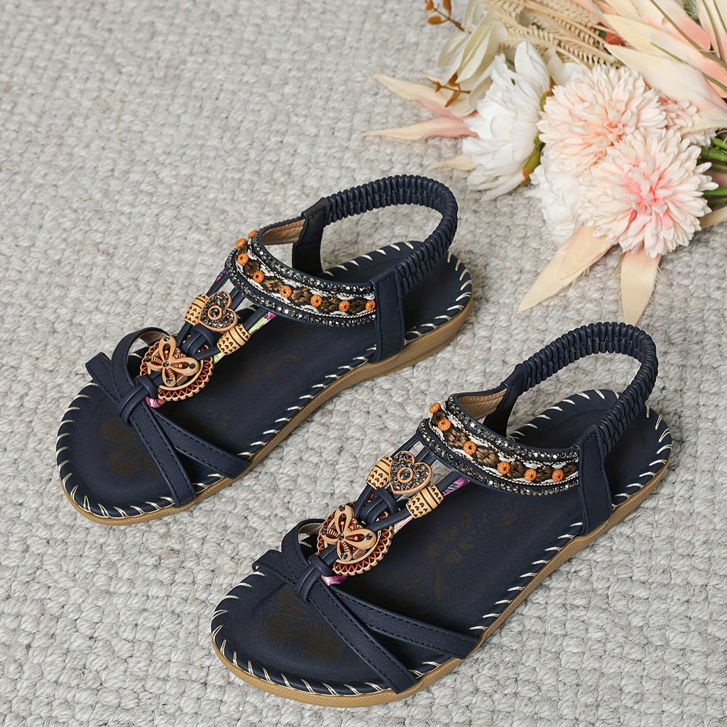 Women's Bohemian Beaded Thong Sandals | Ethnic Floral Flat Beach Sandals