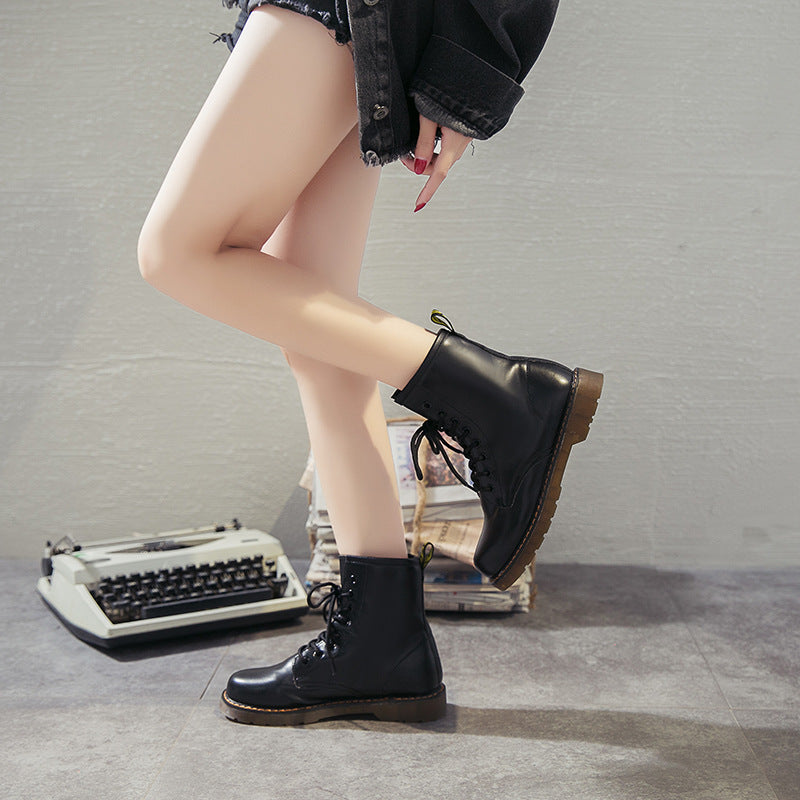 Women's Chunky Lace-Up Dr Martens-Style Boots – Round Toe, Mid-Heel, Black PU Leather