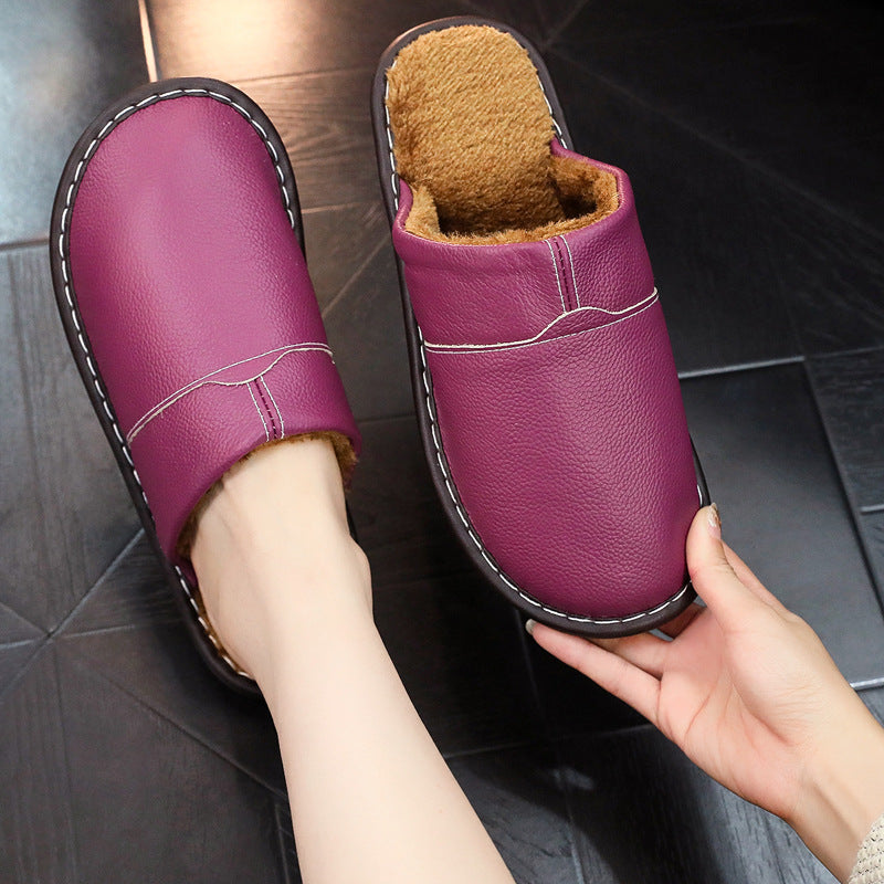 Women's Men's Winter Indoor Leather Slippers | Non-Slip Closed-Toe House Shoes | Cowhide Upper | Couples Slippers