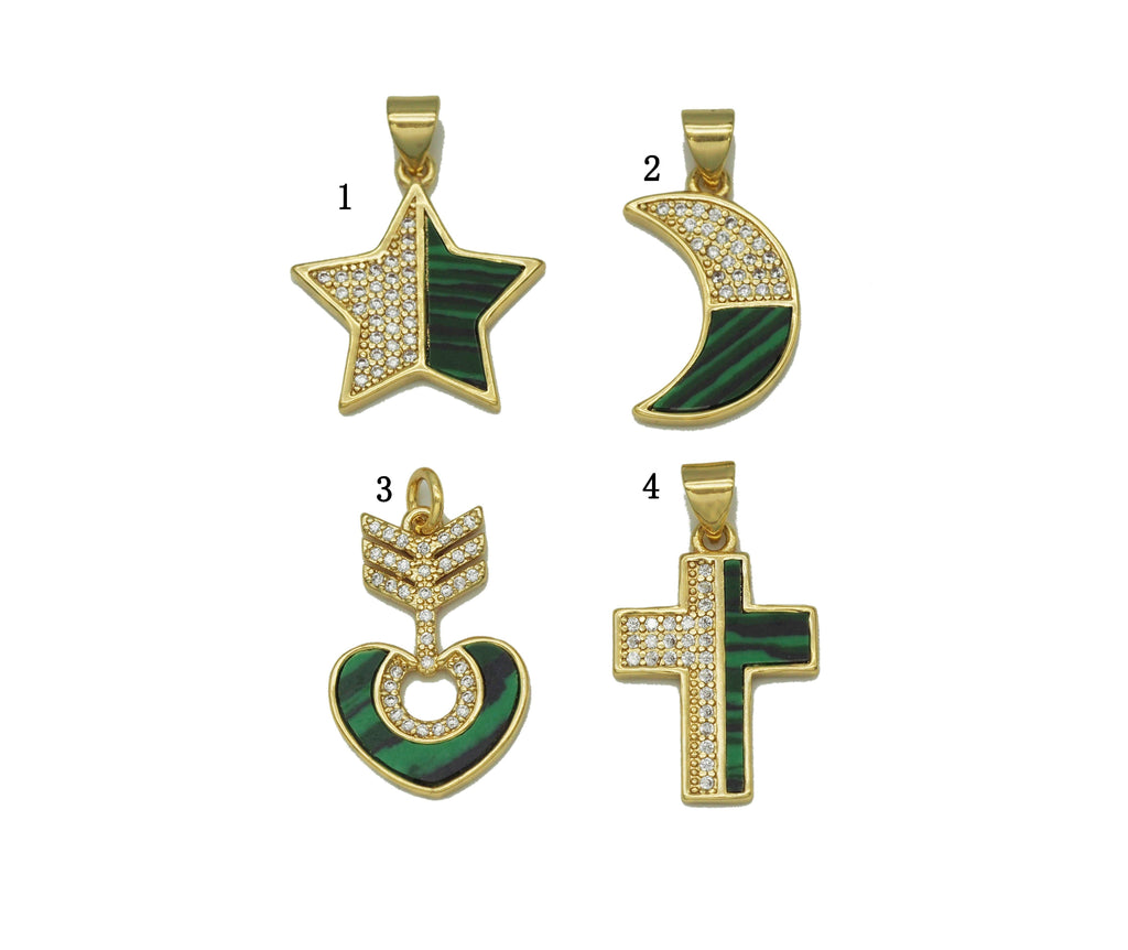 CZ Malachite Star Moon Heart Cross Charm, Sku#L667