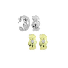Load image into Gallery viewer, Silver Gold Hammered Hoop Earrings with Diamond, Sku#A469