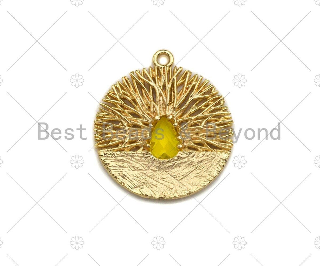Filigree Round Gold Lacy Charm with Centered Colored Gemstone, Brushed Gold Charm, Twisted Wire Pendant, 19mm, sku#CP15