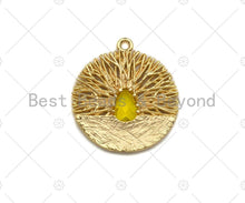 Load image into Gallery viewer, Filigree Round Gold Lacy Charm with Centered Colored Gemstone, Brushed Gold Charm, Twisted Wire Pendant, 19mm, sku#CP15