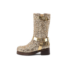 Load image into Gallery viewer, Women's Sequin Buckle Mid-Calf Boots - Chunky Heel PU Leather Boots