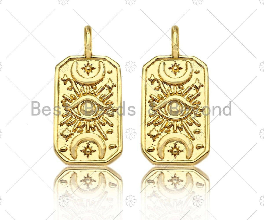 18K Gold Evil Eye Moon On Rectangle Shape Pendant, Gold Medallion Charm, Necklace Bracelet Charm Pendant,12x26mm,Sku#Z1324