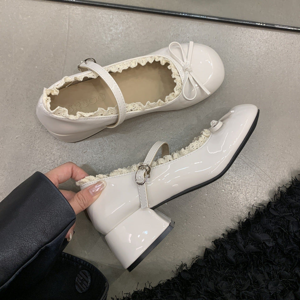 Women's French Lace Bow Mary Jane Shoes | Mid Heel Round Toe PU Leather