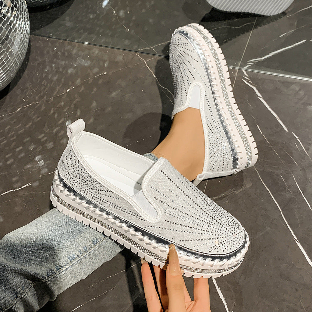 Women's Rhinestone Loafers - Casual Slip-On Dress Shoes with Thick Sole