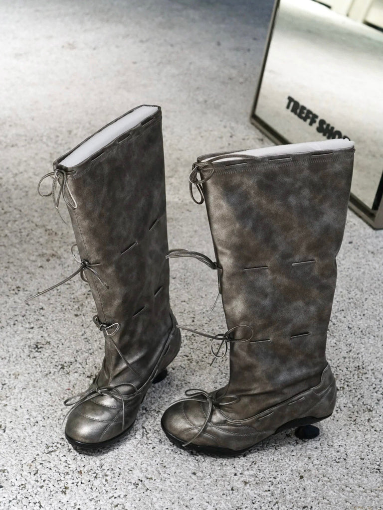 Women's Retro Thigh-High Ballet Boots with Bow Tie Straps - Square Toe Low Heel Fashion Boots