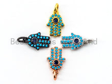 Load image into Gallery viewer, CZ Micro Pave Blue Hamsa Hand Evil Eye Pendant/Charm, Turquoise Cubic Zirconia Pave Bracelet Charms,9x13mm, sku#F339