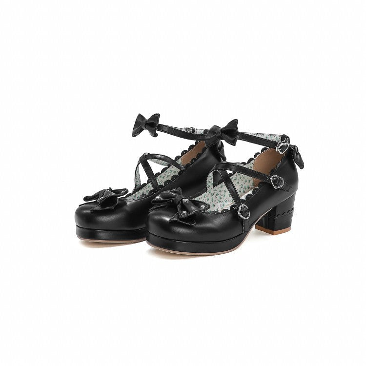 Women's Retro Cute Bow-Clasp Chunky Heel Pumps | Round Toe Block Heels