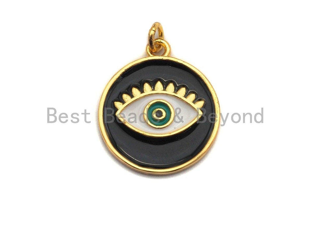 Enamel Round with Evil eye charm, Black White Enamel Pendant, Enamel eye charm, protection eye jewelery, 18x21mm,skuZ406