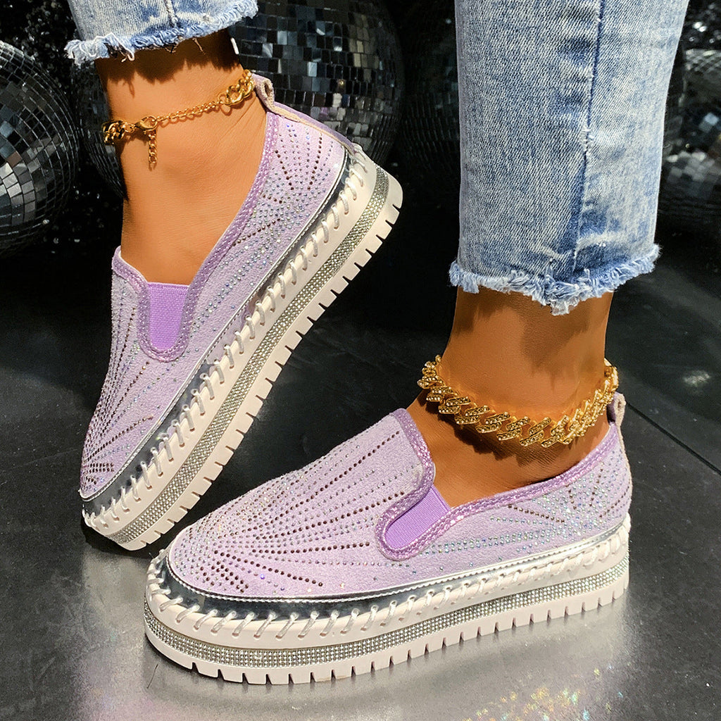 Women's Rhinestone Loafers - Casual Slip-On Dress Shoes with Thick Sole