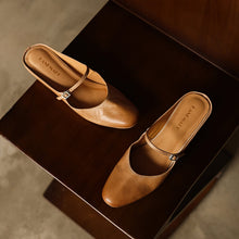 Load image into Gallery viewer, Women's Full Grain Leather Mary Jane Mules | Low Heel Square Toe Slide Sandals