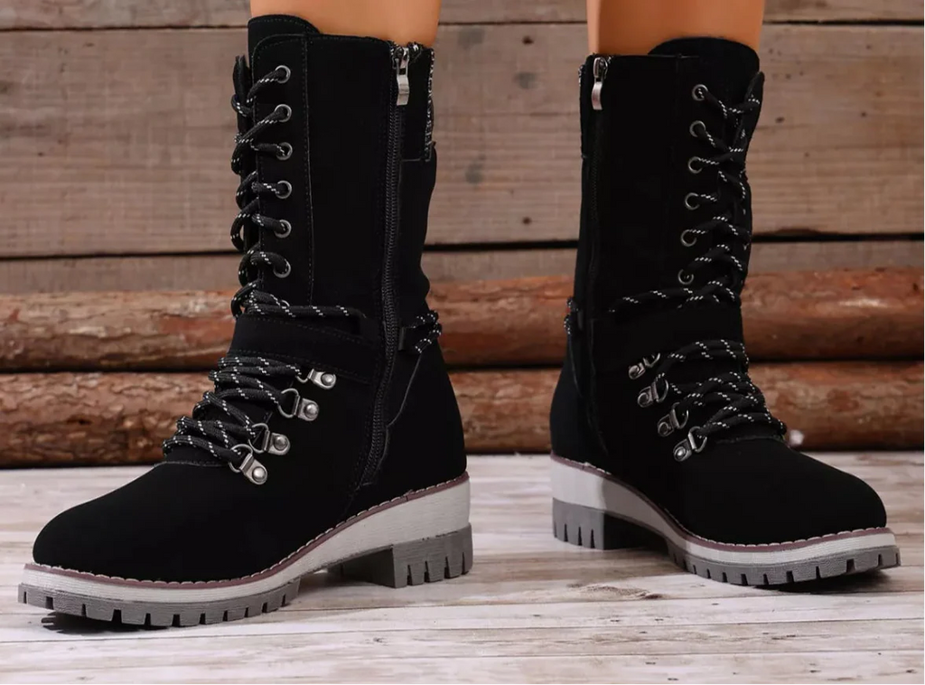 Women's Lace-Up Ankle Combat Boots – PU Leather Low Heel Military Style