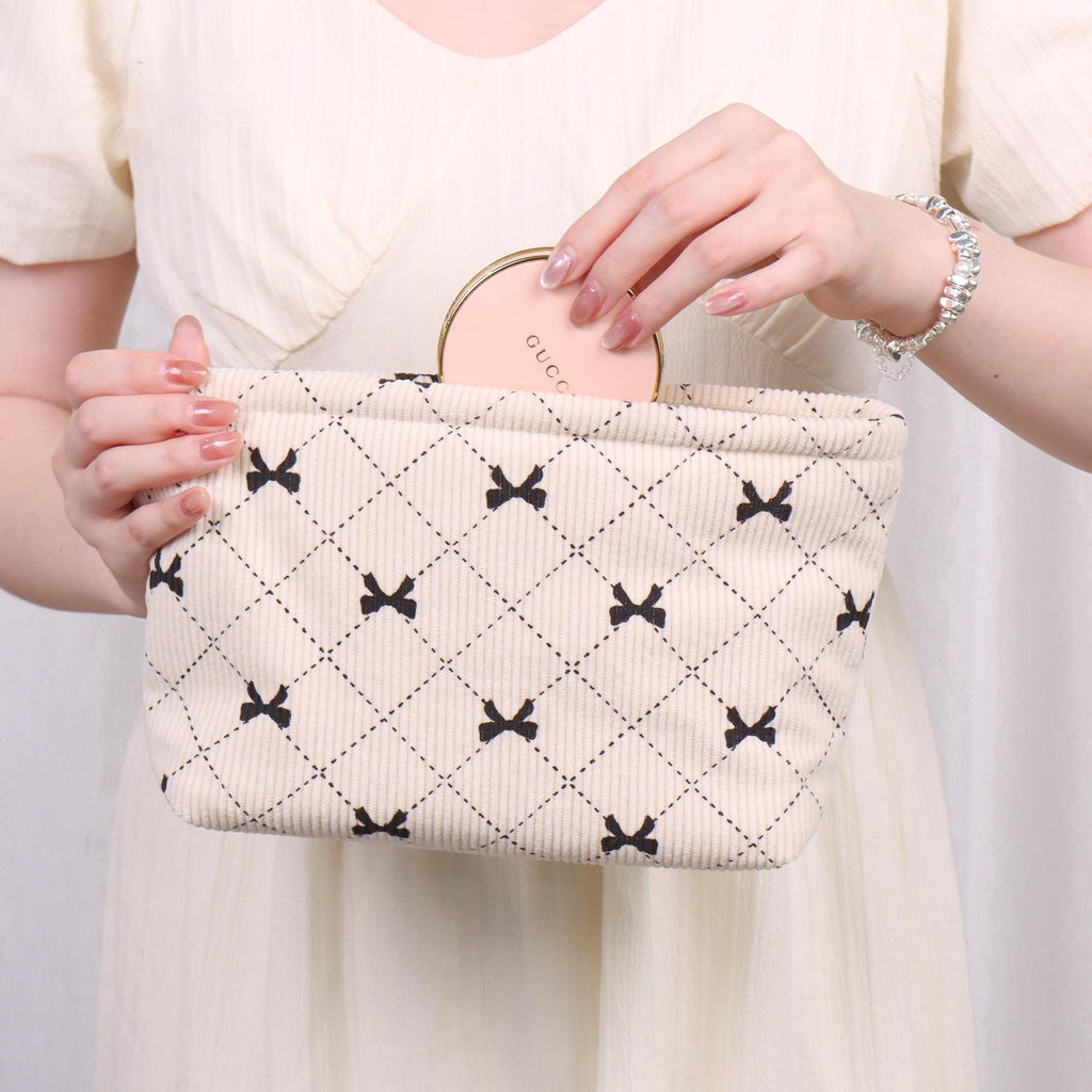 Corduroy Bow-Knot Makeup Bag - Large Capacity Cosmetic Organizer with Zipper