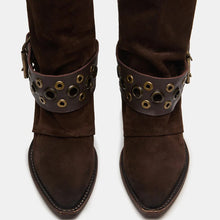 Load image into Gallery viewer, Women's Chunky Heel Ankle Boots – Pointed Toe Slip-On with Buckle Detail | Dark Brown