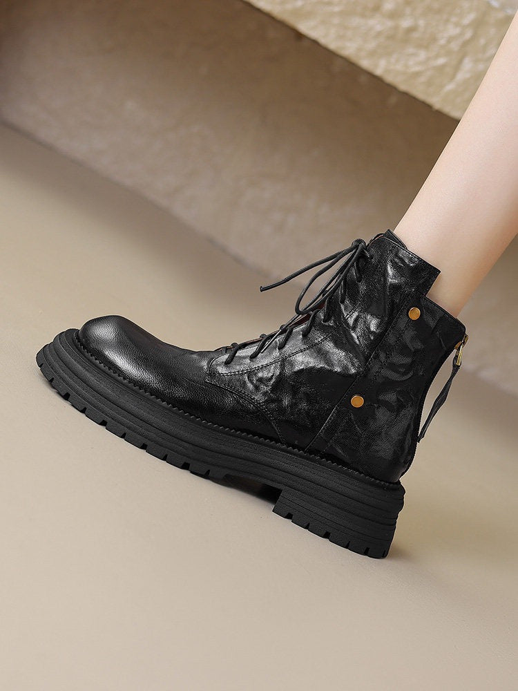 Women's Chunky Sole Lace-Up Ankle Boots - Warm Winter Faux Leather Boots with Tassel Detail