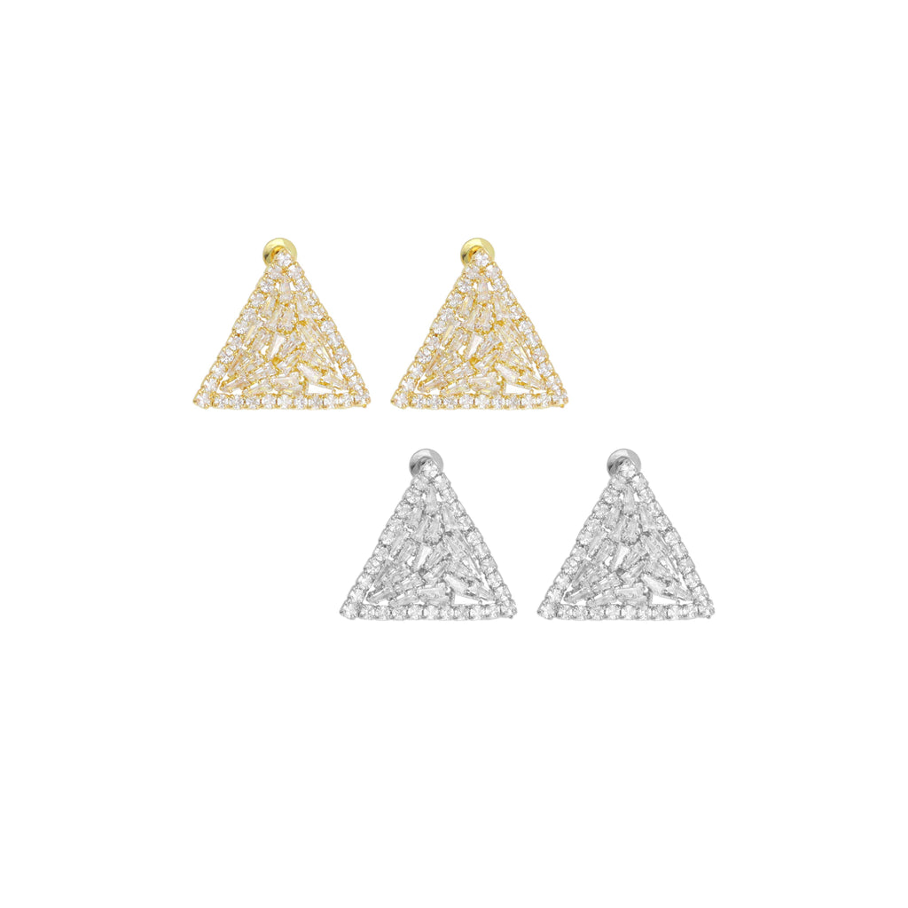 Baguette CZ Gold Silver Triangle Shape Stud Earrings, Sku#L738