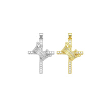 Load image into Gallery viewer, Gold Silver Clear CZ Crown Cross Charm Pendant, Sku#LD637