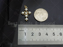Load image into Gallery viewer, Gold Filled CZ Micro Pave Pearl On Cross Shape Pendant, 18k Gold Filled Mother of Pearl Charm, Necklace Bracelet Pendant, 23x15mm,Sku#LD103