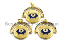 Load image into Gallery viewer, Colorful CZ Micro Pave Round With Cobalt Evil Eye Charm Pendant, Round Coin Shaped Pave Pendant, Gold plated, 22x22mm, Sku#F901