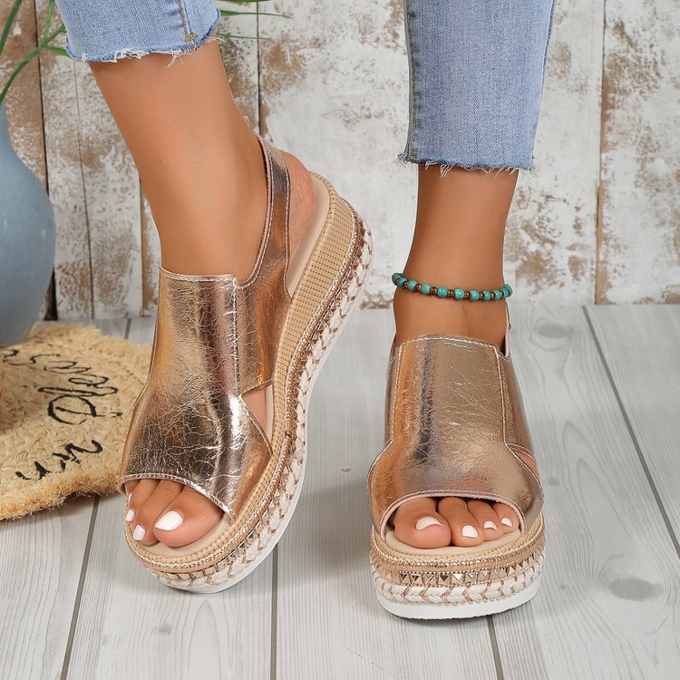 Women's Shiny Hollow Wedge Sandals - Fish Mouth Peep Toe Buckle Strap Summer Shoes