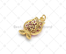 Load image into Gallery viewer, Fuchsia CZ Micro Pave Tulip Flower with Green CZ Leaf Shape Pendant,18K Gold Filled Charm, Necklace Bracele Pendant, 23x14mm, Sku#LK468