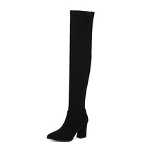 Load image into Gallery viewer, Women's Suede High Heel Boots Pointed Toe Chunky Heel Denim Strap Buckle | Black Beige Brown Red