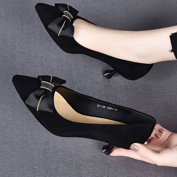 Women's Korean-Style Pointed Toe Stiletto Pumps with Bow Detail | Matte Finish