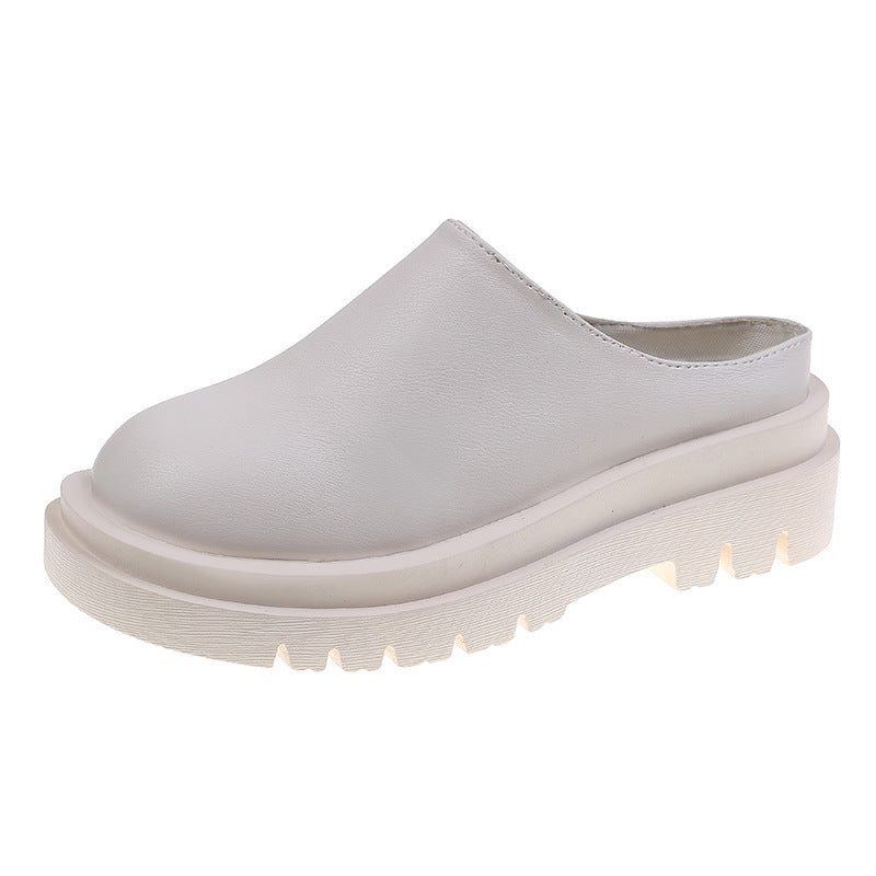 Women's Chunky-Soled Closed-Toe Mules | Round Toe Slip-On Casual Shoes | Beige & Black